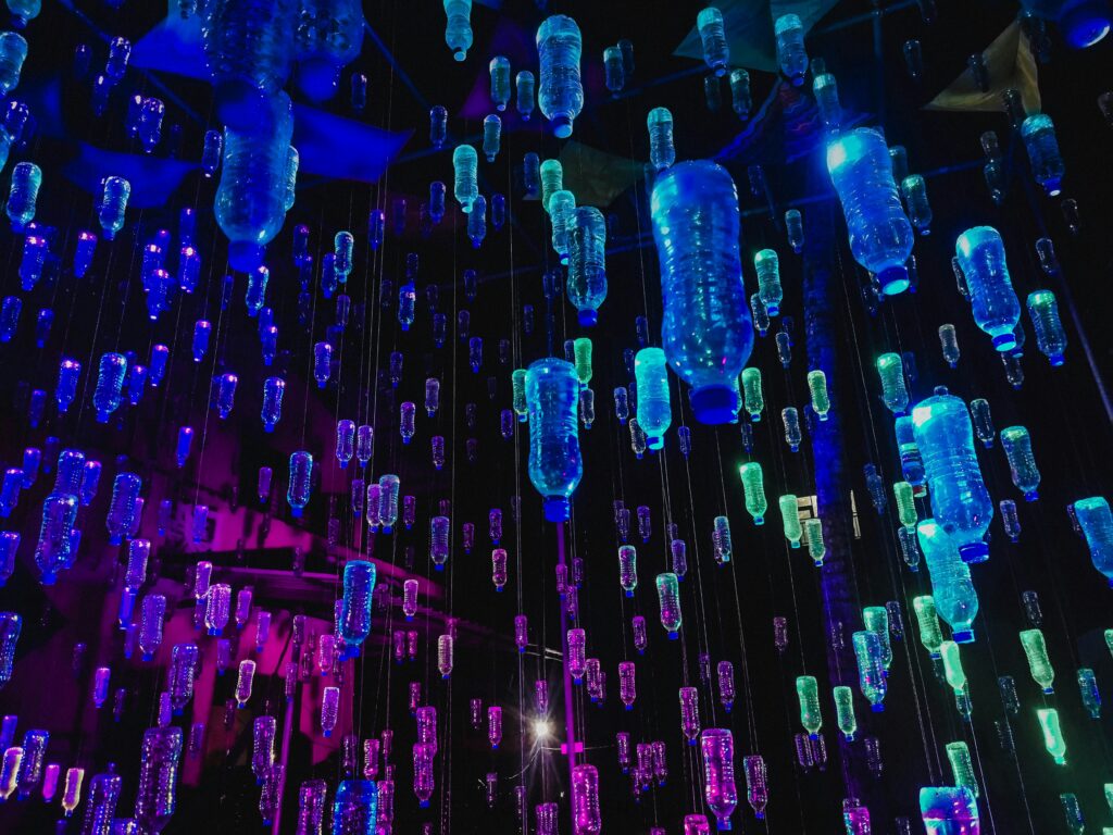 Rain of Water Bottles Re-use of lastic bottles as a material for art installations.